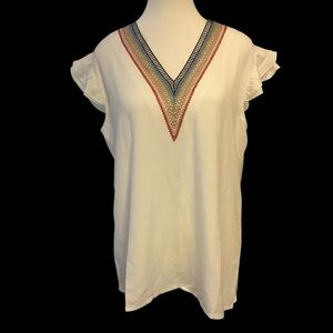 SHALL WE WHITE LINEN BLEND/ V-NECK/ RUFFLED SHORT SLEEVE BLOUSE/ NWT/Size L